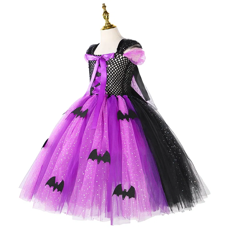 Color: MULTI, Kid Size: 2T - Halloween Witch Tutu Dress for Girls Handmade Mesh Bat Wizard Cosplay Costumes with Hat Broom Toddler Evil Party Clothes Set
