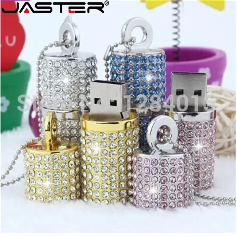 Color: Blue, Capacity: 128GB - JASTER Crystal cylindrical USB Flash Drive fashion metal diamond pen driveu disk pendrive 4GB 8GB 16GB 32GB 64GB memory stick
