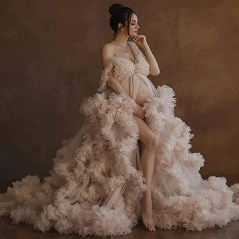 Color: Brown, Maternity Size: L, Ships From: CHINA - Tulle Long Maternity Dress Photoshoot п?»?°?‚ь?µ photography dresses baby shower dresses for pregnant woman п?»?°?‚ь?µ д?»я ?±?µр