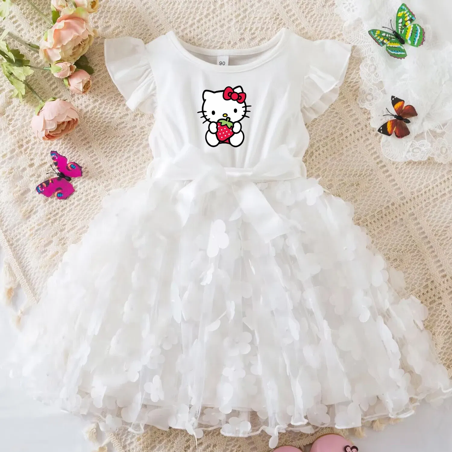 Color: WHITE, Size: S - Hello Kitty Summer Dress for Kid's Casual Clothes 3D Butterfly Cute Baby Girls Princess Dress Party Dresses 2-6 Yrs