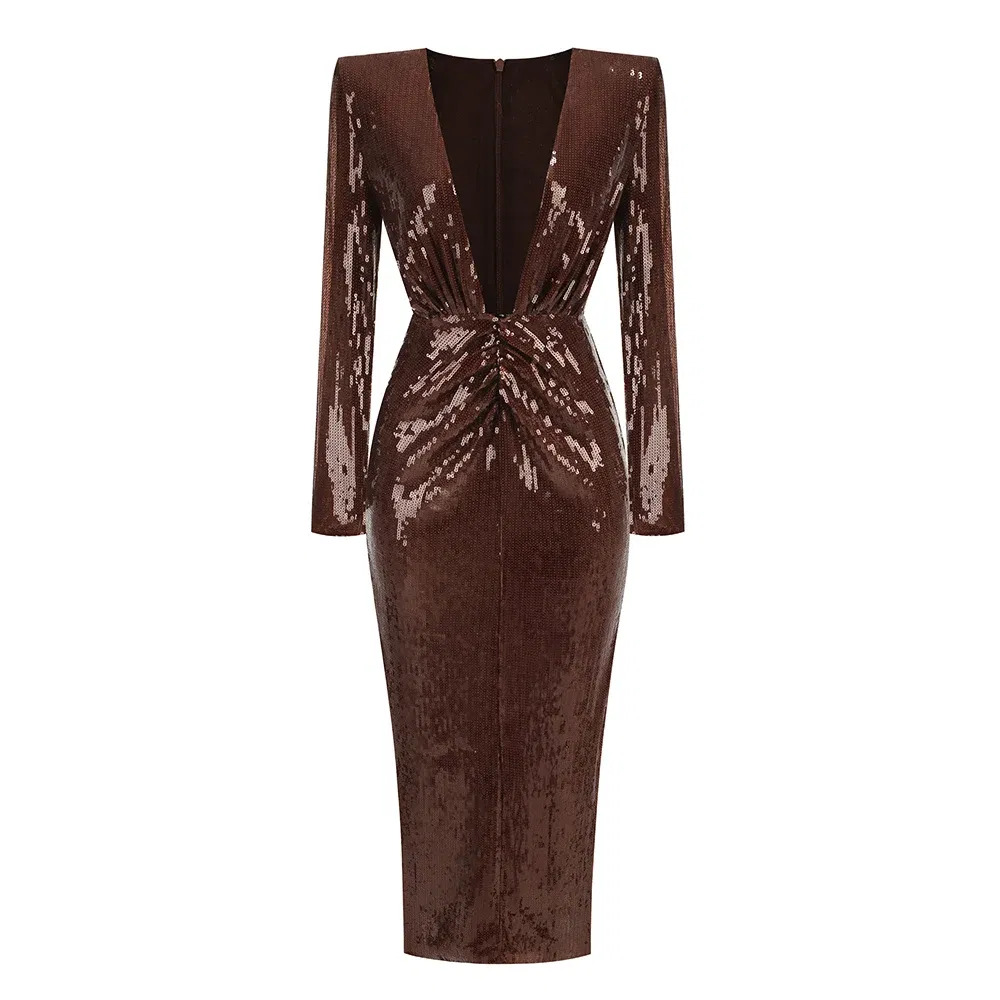 Women Brown Luxury Party Dress Elegant Sexy Long Sleeve Deep V Neck Midi Calf Sequines Glitter Celebrity Evening Gala Gowns