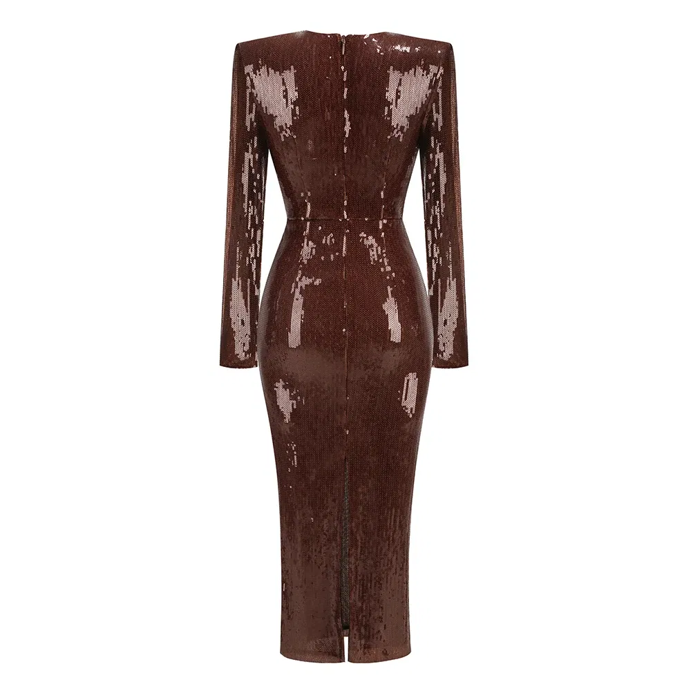 Women Brown Luxury Party Dress Elegant Sexy Long Sleeve Deep V Neck Midi Calf Sequines Glitter Celebrity Evening Gala Gowns