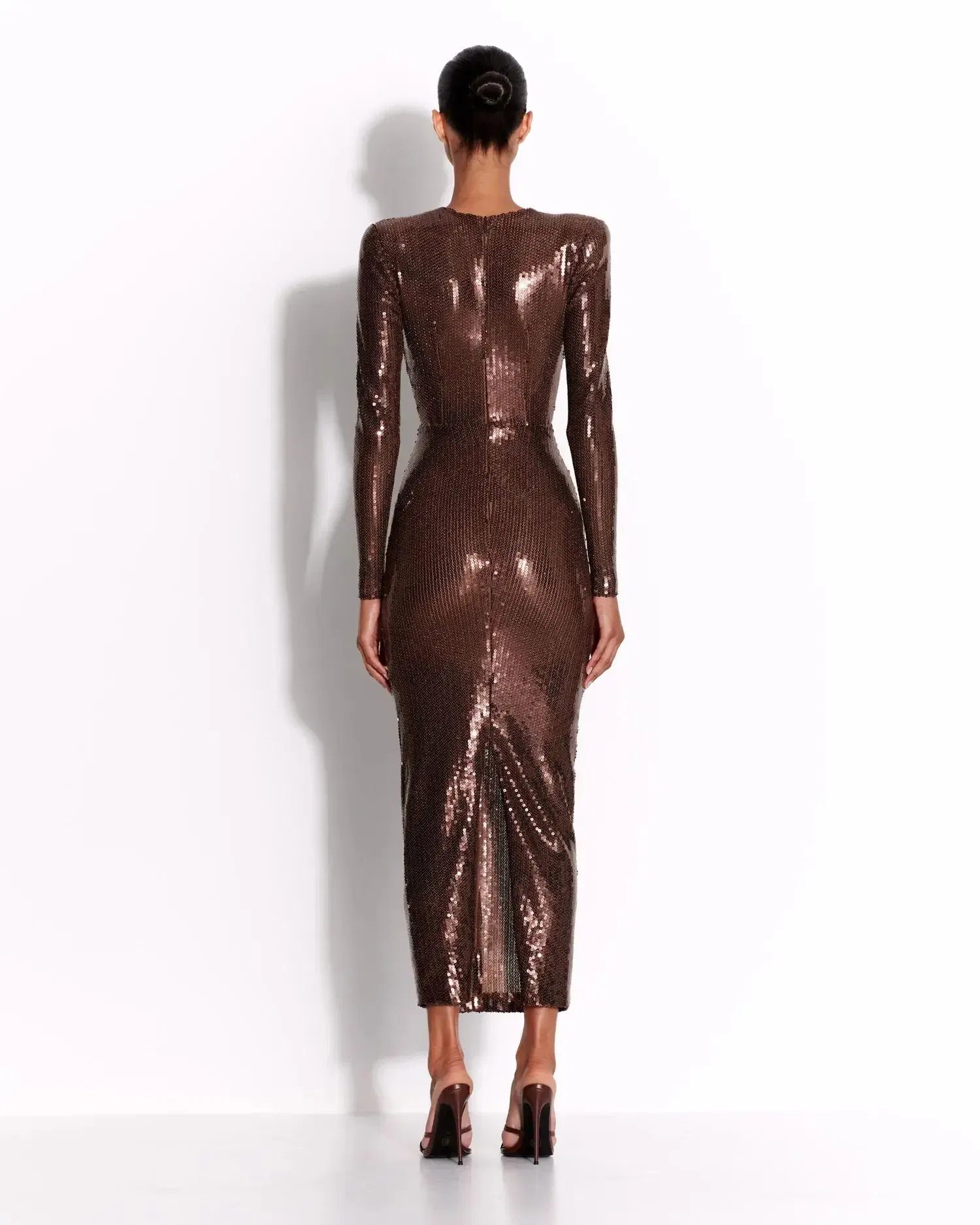 Women Brown Luxury Party Dress Elegant Sexy Long Sleeve Deep V Neck Midi Calf Sequines Glitter Celebrity Evening Gala Gowns