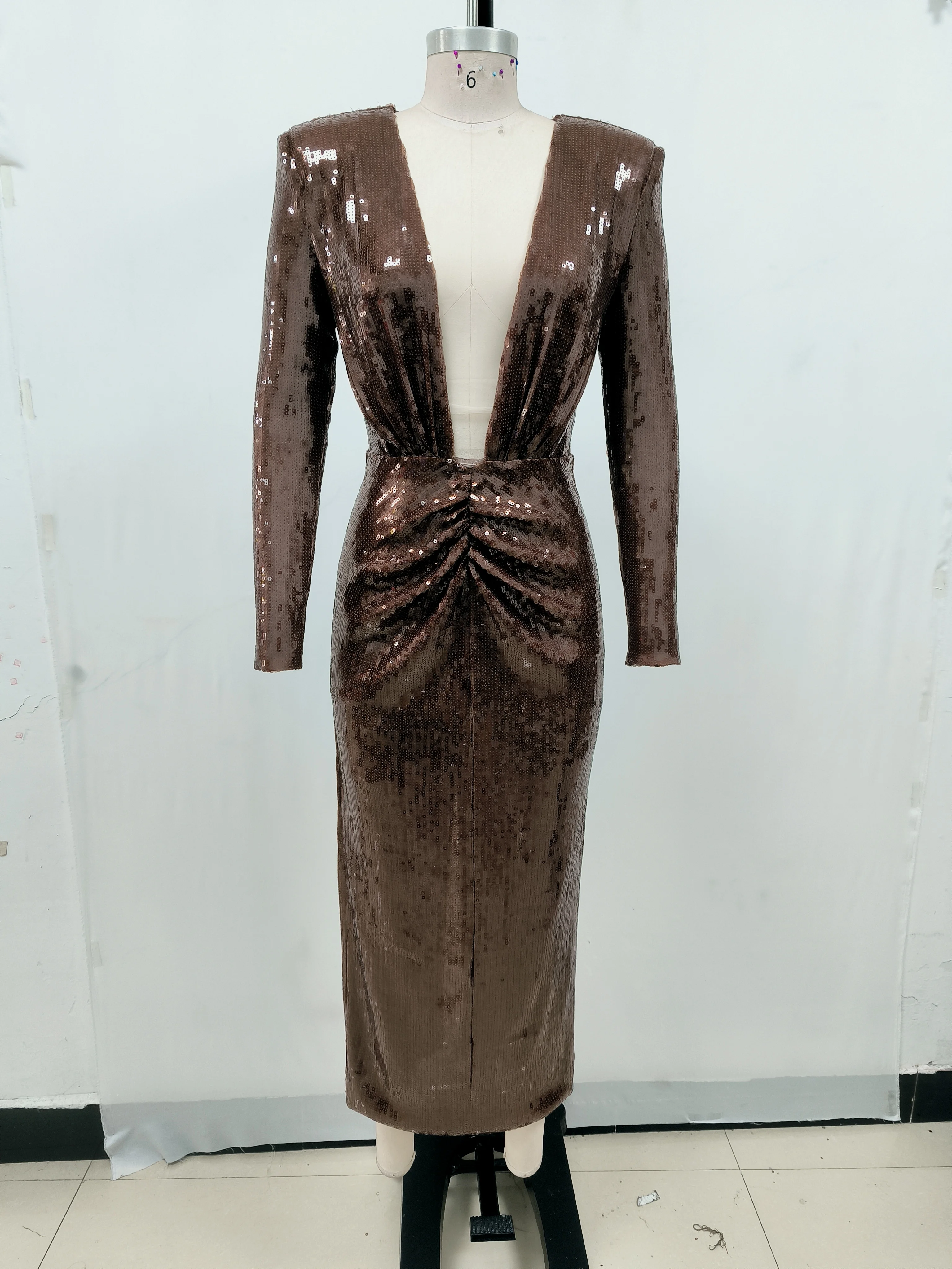 Women Brown Luxury Party Dress Elegant Sexy Long Sleeve Deep V Neck Midi Calf Sequines Glitter Celebrity Evening Gala Gowns