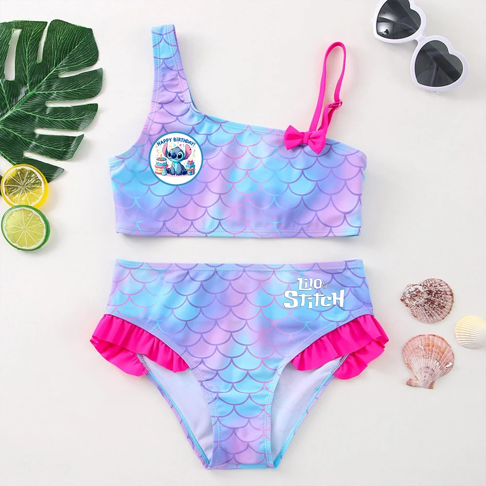 Color: Khaki, Size: L - Lilo Stitch Girls Swimsuit One-Piece Bathing Suits Kids Wear Fashion Mermaid Fish Children's Dresses Summer Swimwear Beach Suit