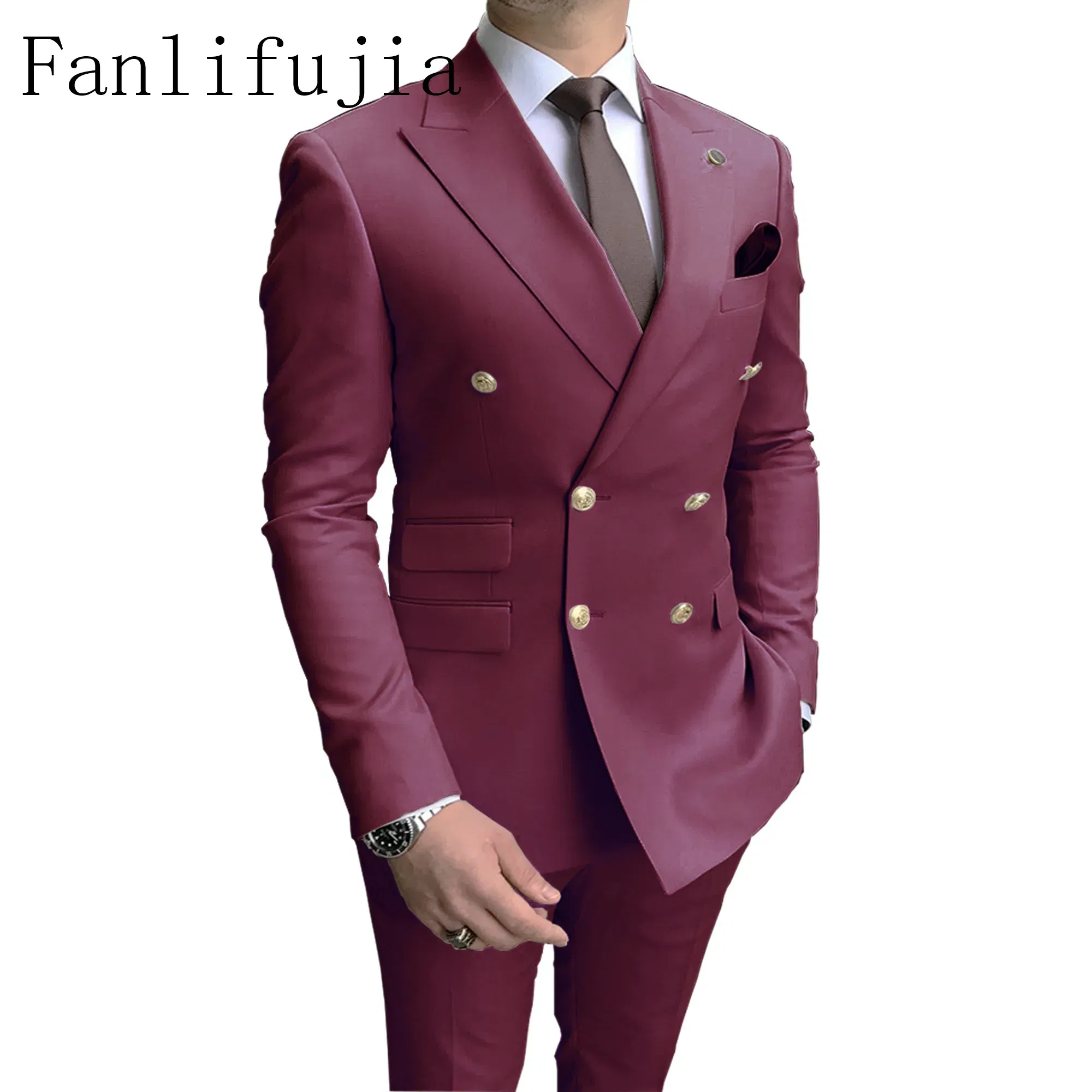 Color: Burgundy, Size: XXXL - Fanlifujia Store 2024 Casual Sky Blue Men Suits Double Brested Peak Lapel Gold Button Groom Wedding Tuxedos Best Costume Homme