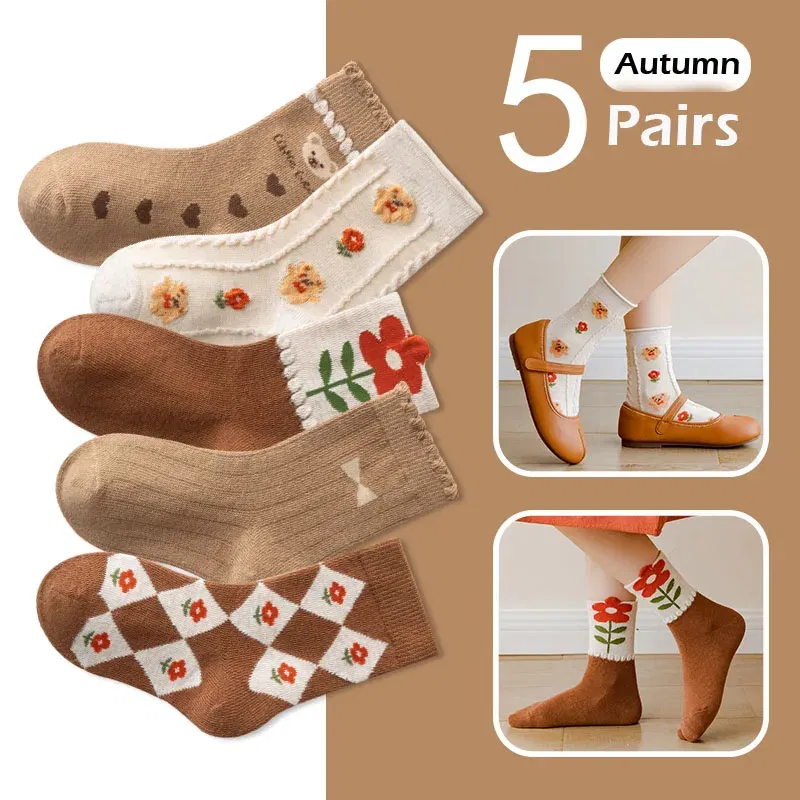 Color: army green, Size: 4-6T - Kids Socks Warm Cotton Autumn Spring Socks Girls Calf Length Coffee Khaki Bear Socks Baby Sock