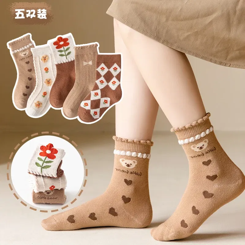 Color: army green, Size: 4-6T - Kids Socks Warm Cotton Autumn Spring Socks Girls Calf Length Coffee Khaki Bear Socks Baby Sock