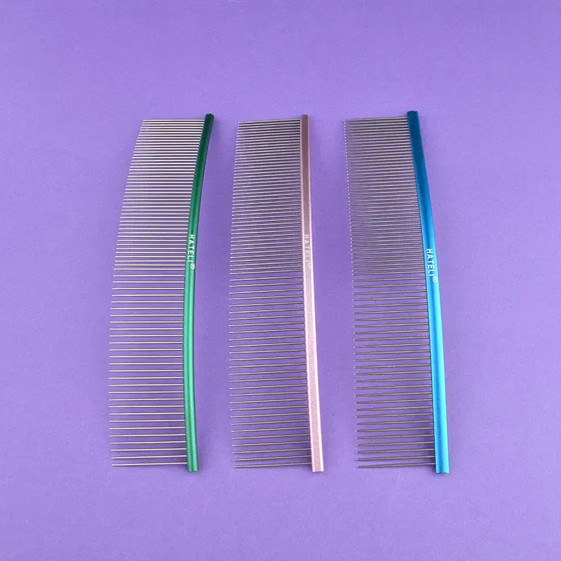 Color: GRAY, Size: XS - Pet Curved Comb Stainless Steel Combs Professional Pet Grooming Comb Dense Sparse Teeth Dog Cat Cleaning Brush Open Knot Comb