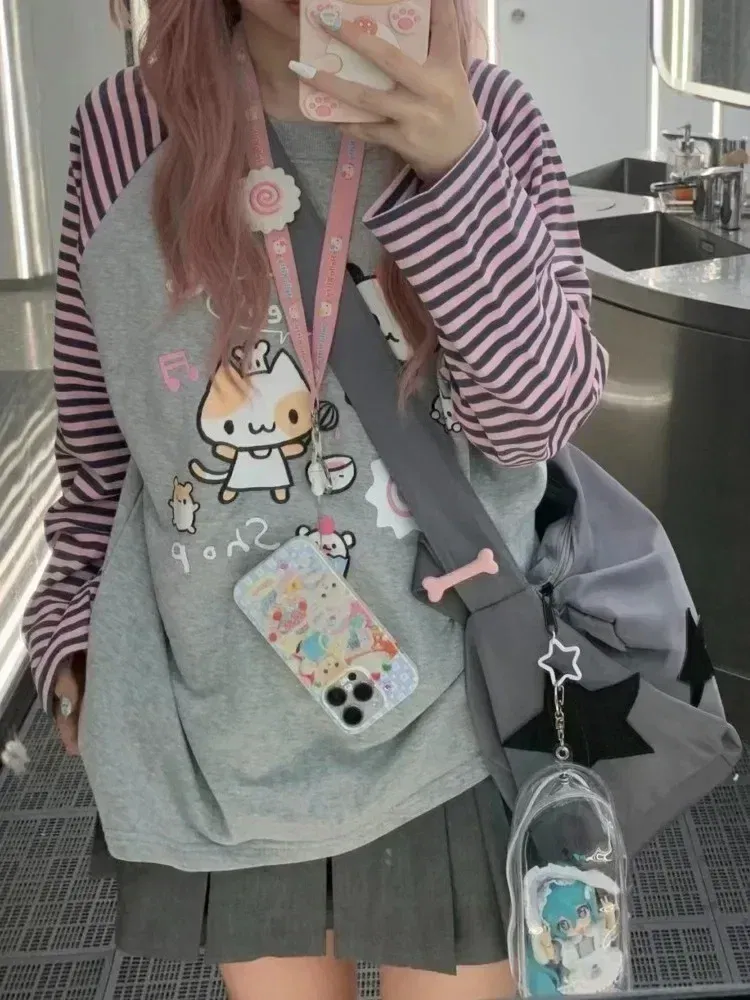 Color: Beige, Size: M - Grey Pink Striped Panda Print Long Sleeve Shirts Y2k Cartoon Japanese Harajuku Kawaii Loose Hoodie Women Spring New Tees