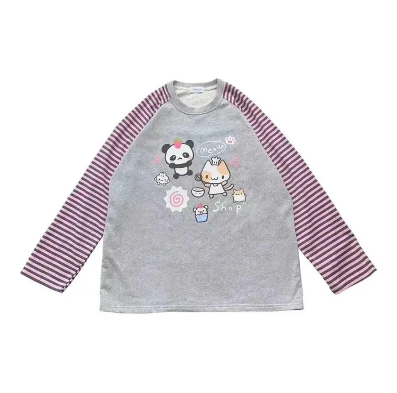 Color: Beige, Size: M - Grey Pink Striped Panda Print Long Sleeve Shirts Y2k Cartoon Japanese Harajuku Kawaii Loose Hoodie Women Spring New Tees