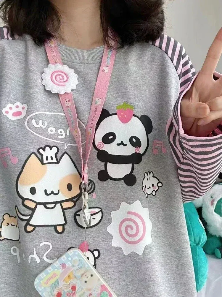 Color: Beige, Size: M - Grey Pink Striped Panda Print Long Sleeve Shirts Y2k Cartoon Japanese Harajuku Kawaii Loose Hoodie Women Spring New Tees