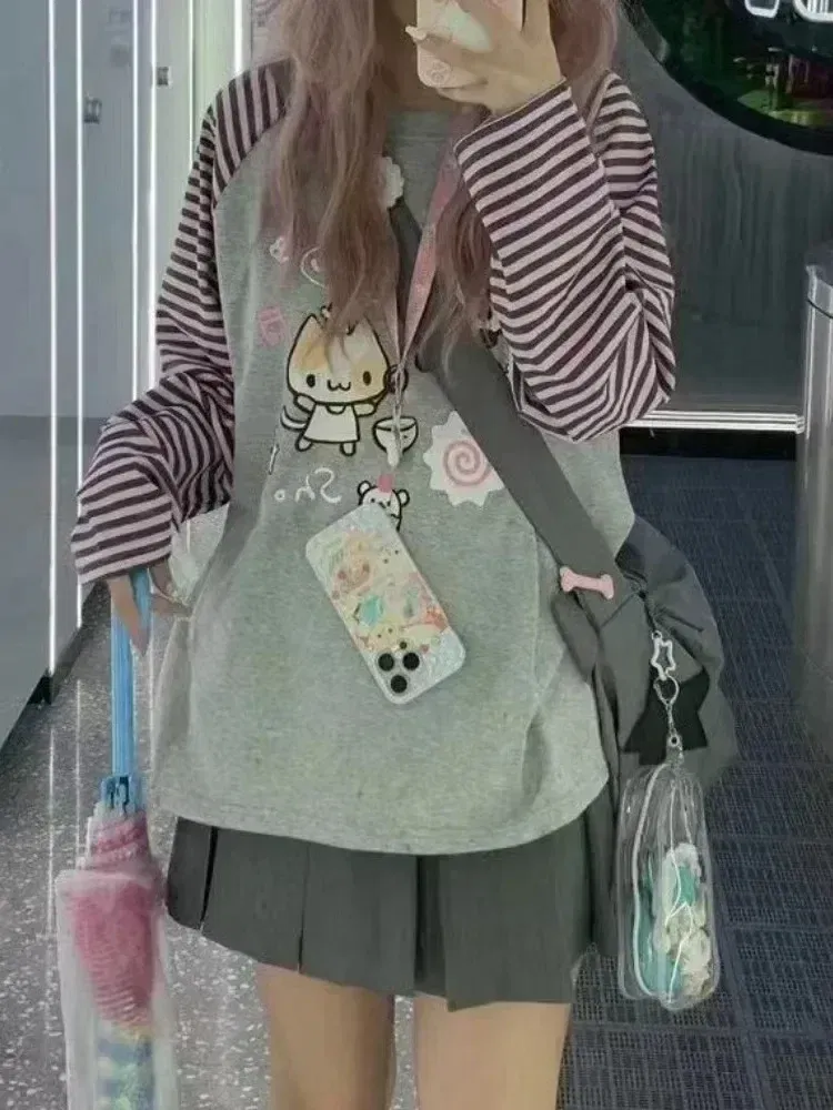 Color: Beige, Size: M - Grey Pink Striped Panda Print Long Sleeve Shirts Y2k Cartoon Japanese Harajuku Kawaii Loose Hoodie Women Spring New Tees