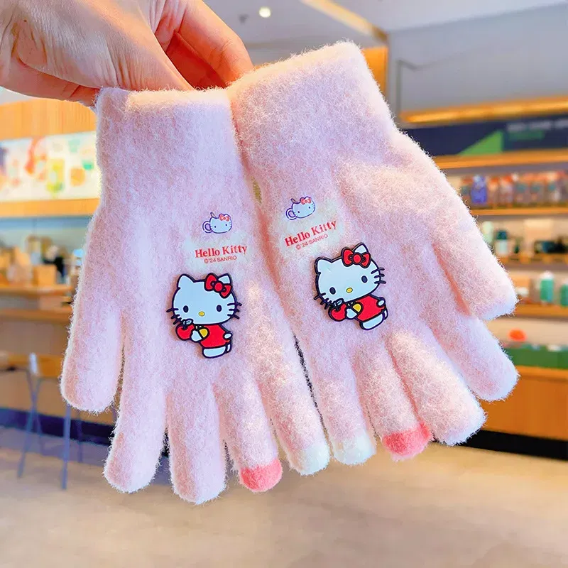 Color: WHITE - Sanrio Gloves Kawaii My Melody Kuromi Cold-Proof Winter Finger Gloves Plush Screen Touch Warm Children Toddler Christmas Gifts