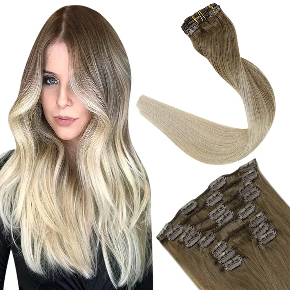 Color: P10/613, Length: 16 inches, Weight Per Package: 120g/Set - [16 Colors] Ugeat Clip in Hair Extensions Human Hair 14-22" Double Weft Remy Hair Full Head Clip in Extensions for Woman 7Pcs