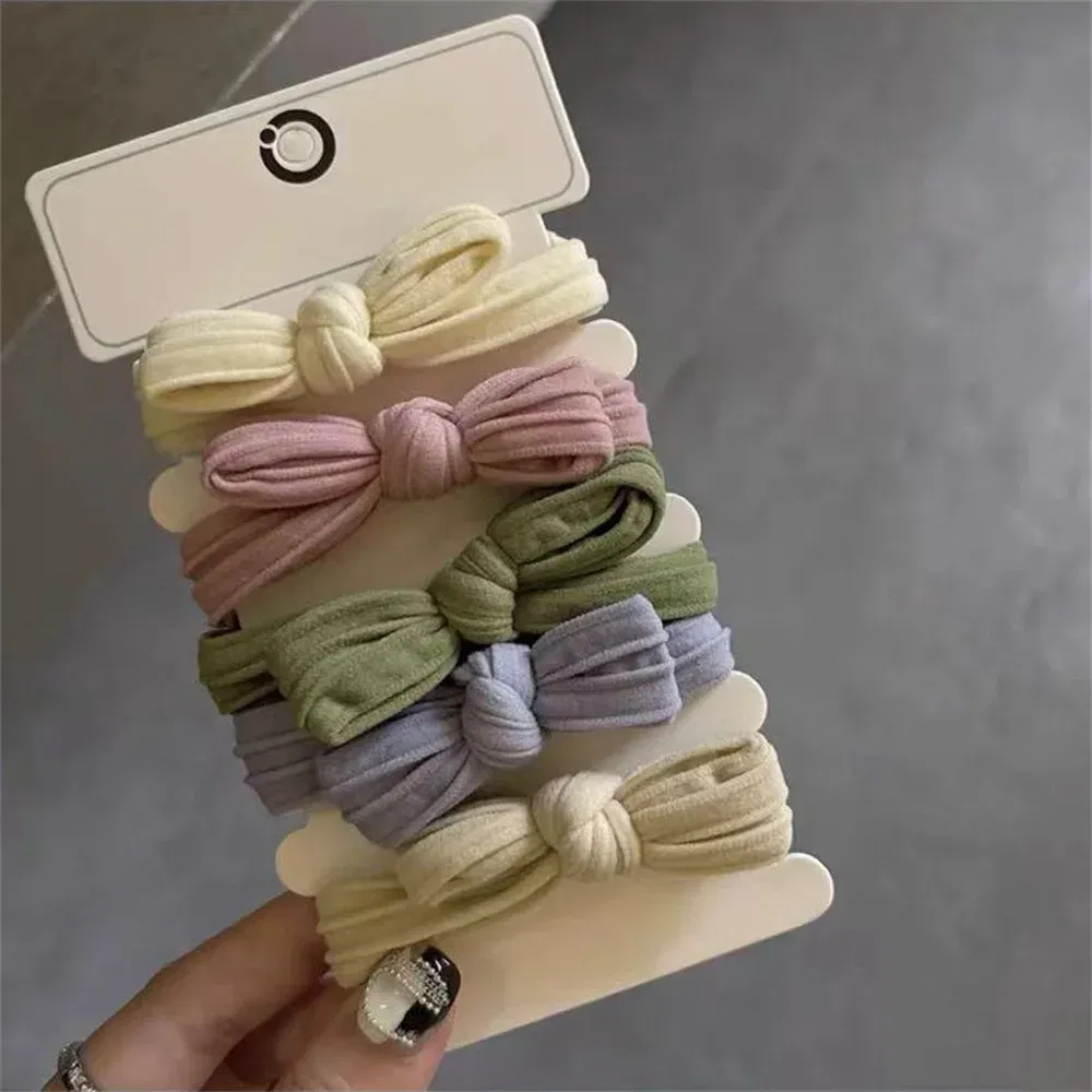 Color: GRAY - 5pcs/Set Candy Color Bow Hair Rope High Elastic Seamless Rubber Band For Women Girls Ponytail Holder Summer BB Hair Ties Ring