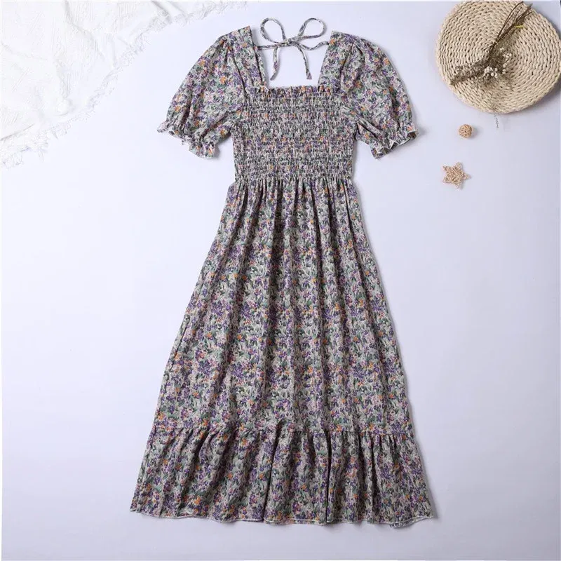 Color: army green, Size: One Size - Summer Pleated Women Chiffon Dresses Casual Beach Holiday Short Sleeve Square Collar Woman Midi Dress Bohemian Mujer Vestidos