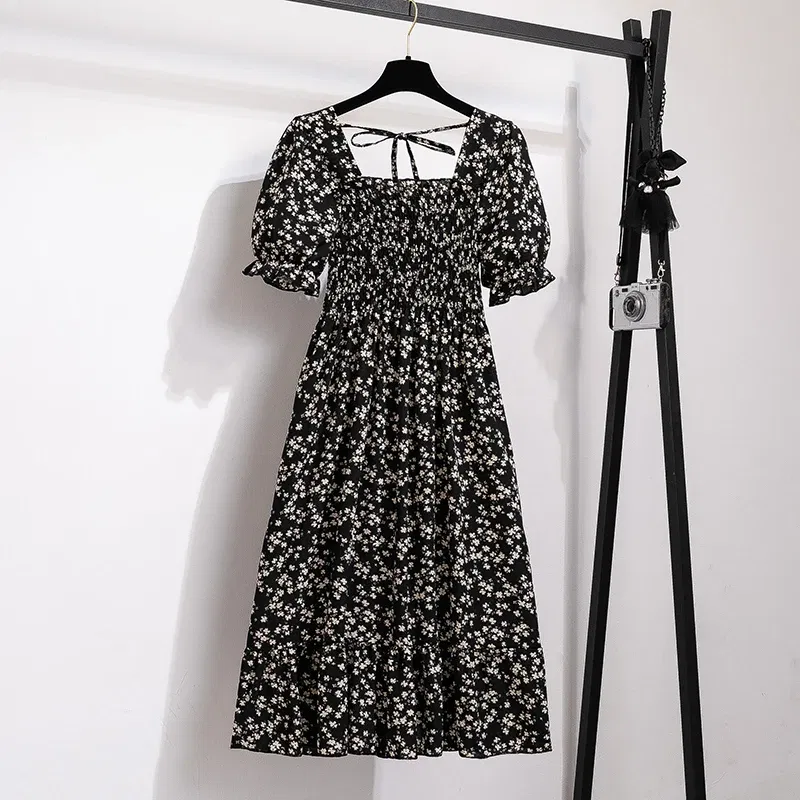 Color: army green, Size: One Size - Summer Pleated Women Chiffon Dresses Casual Beach Holiday Short Sleeve Square Collar Woman Midi Dress Bohemian Mujer Vestidos