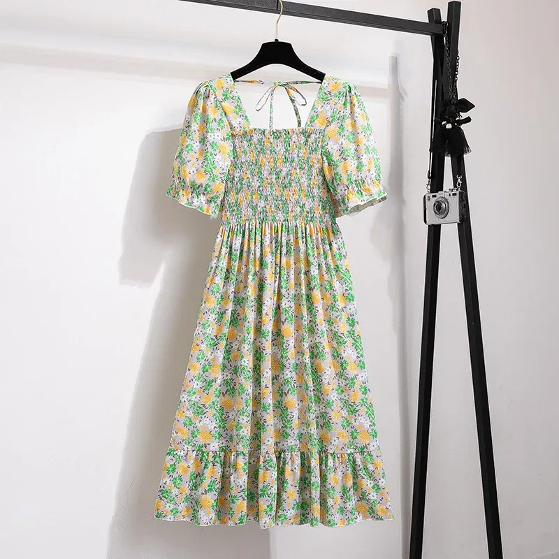 Color: army green, Size: One Size - Summer Pleated Women Chiffon Dresses Casual Beach Holiday Short Sleeve Square Collar Woman Midi Dress Bohemian Mujer Vestidos