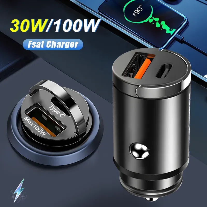Plug Type: US - Mini 100W USB Car Charger Dual Ports Pull Ring Fast Charge Type C PD Car Adapter For iphone Samsung Huawei Xiaomi iPad