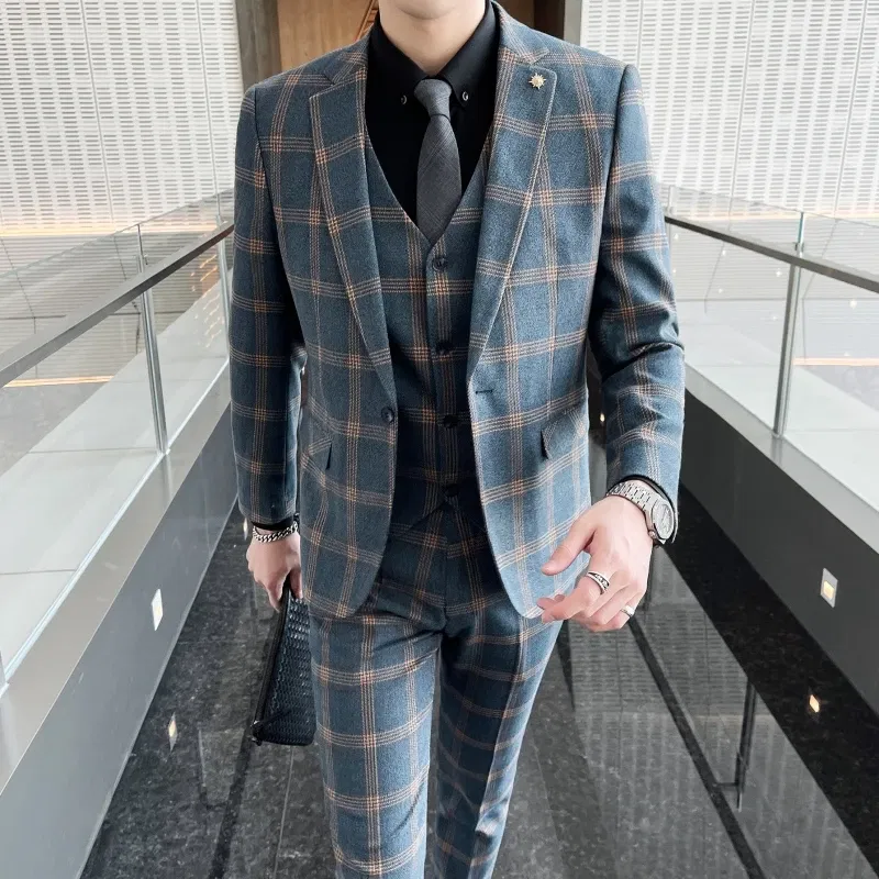 Color: black, Size: 4XL - High-quality British men's fashionable and stylish checkered casual suit set for autumn, a casual and fitted suit set of three