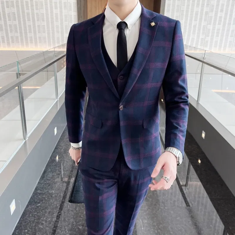 Color: black, Size: 4XL - High-quality British men's fashionable and stylish checkered casual suit set for autumn, a casual and fitted suit set of three
