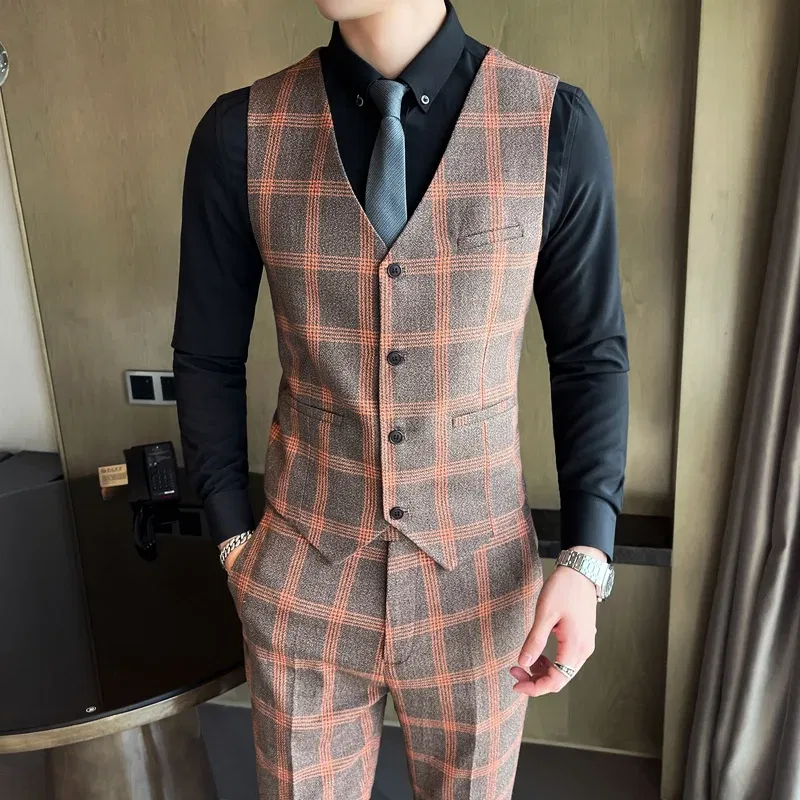 Color: black, Size: 4XL - High-quality British men's fashionable and stylish checkered casual suit set for autumn, a casual and fitted suit set of three