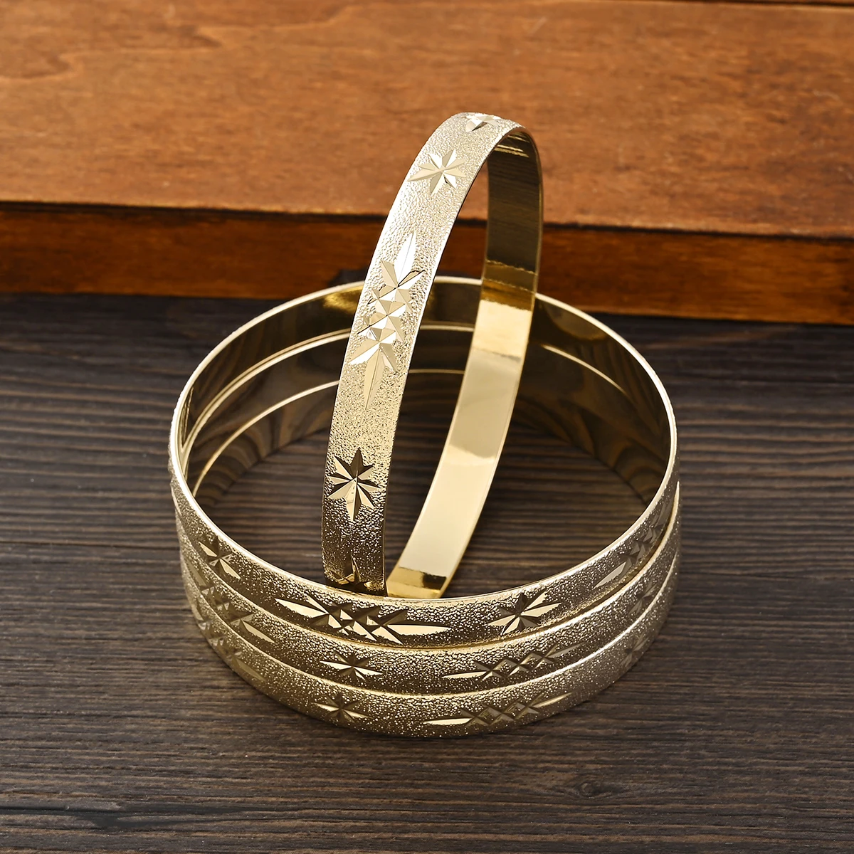 Metal Color: BRASS PLATED - Adult Size 4PCS 65MM 9K Gold Color Hig Quality Top Sale Cute Bracelet Jewelry Flower Bangle Girl Birthday Party Gift