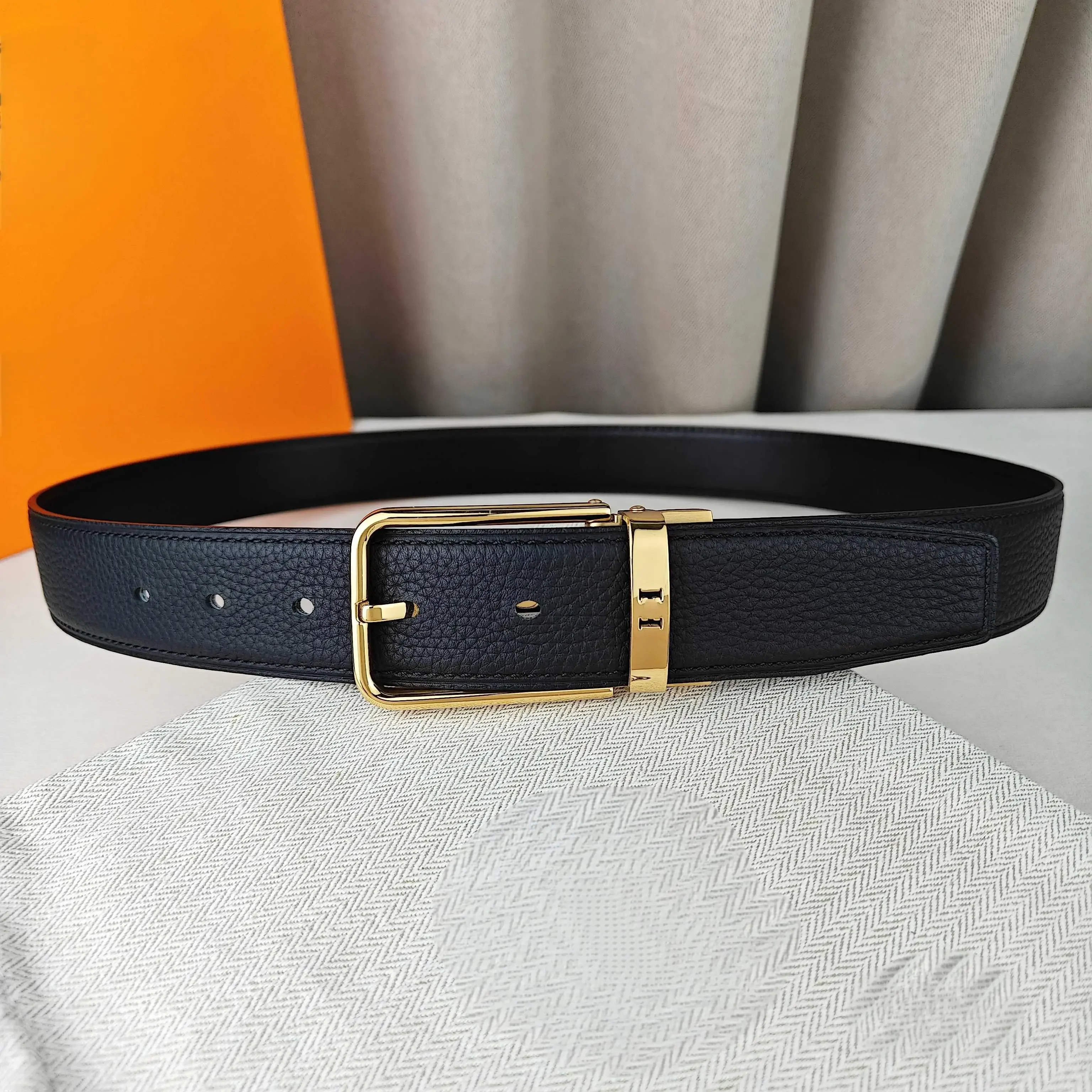Color: Gold - Light Luxury Style Pin Buckle Belt Top Quality First Layer Cowhide Black Lychee Surface Luxury Gift Men's High-end Belt