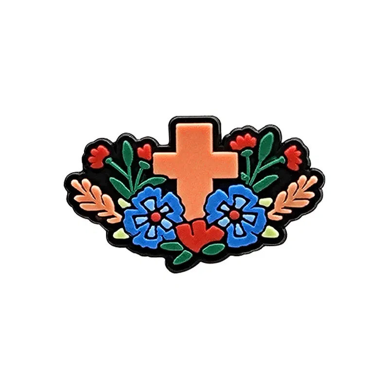 Color: GRAY - 1pcs New Shoe Charm Religion PVC Clog Charms Crucifix Blessed Virgin Mary Clog Pin Clips Jeans Garden Sandal Shoe Decoration