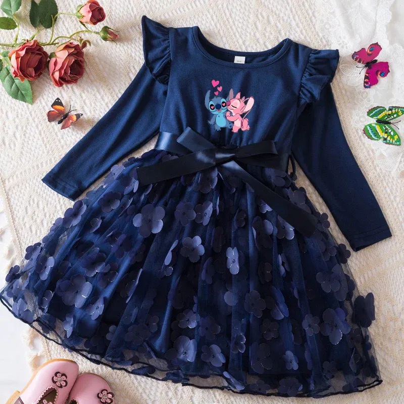 Color: Dark Green, Size: One Size, Height: 176 - Lilo Stitch Girl Baby Dresses Spring Autumn Child Long Sleeve Sweet Princess Dress Mesh Newborn Casual Dress Birthday Party 2-6Y