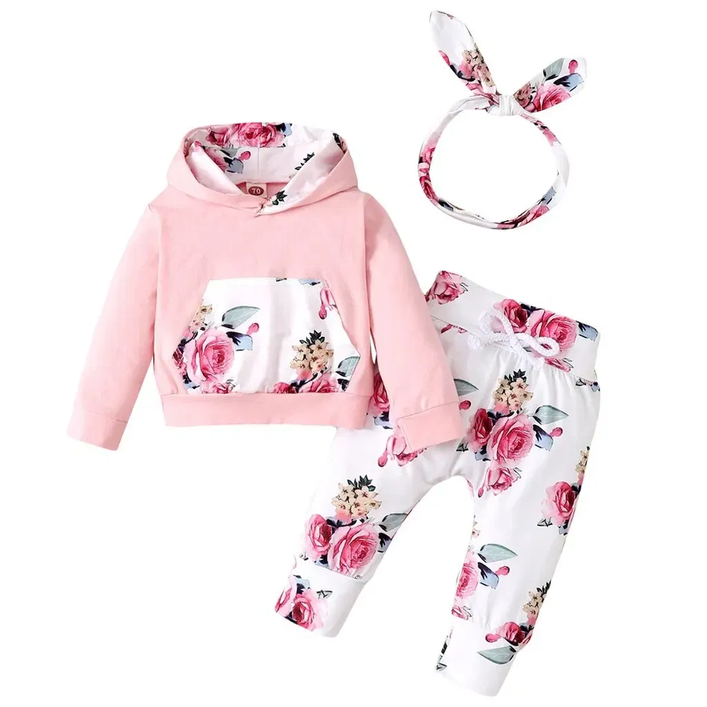 Color: Pink, Kid Size: 12M - 0-18 Months Toddler Baby Girl 3PCS Hooded Clothes Set Flowers Print Long Sleeve Top+Pant+Bowknot Headband Fashion Autumn Outfit
