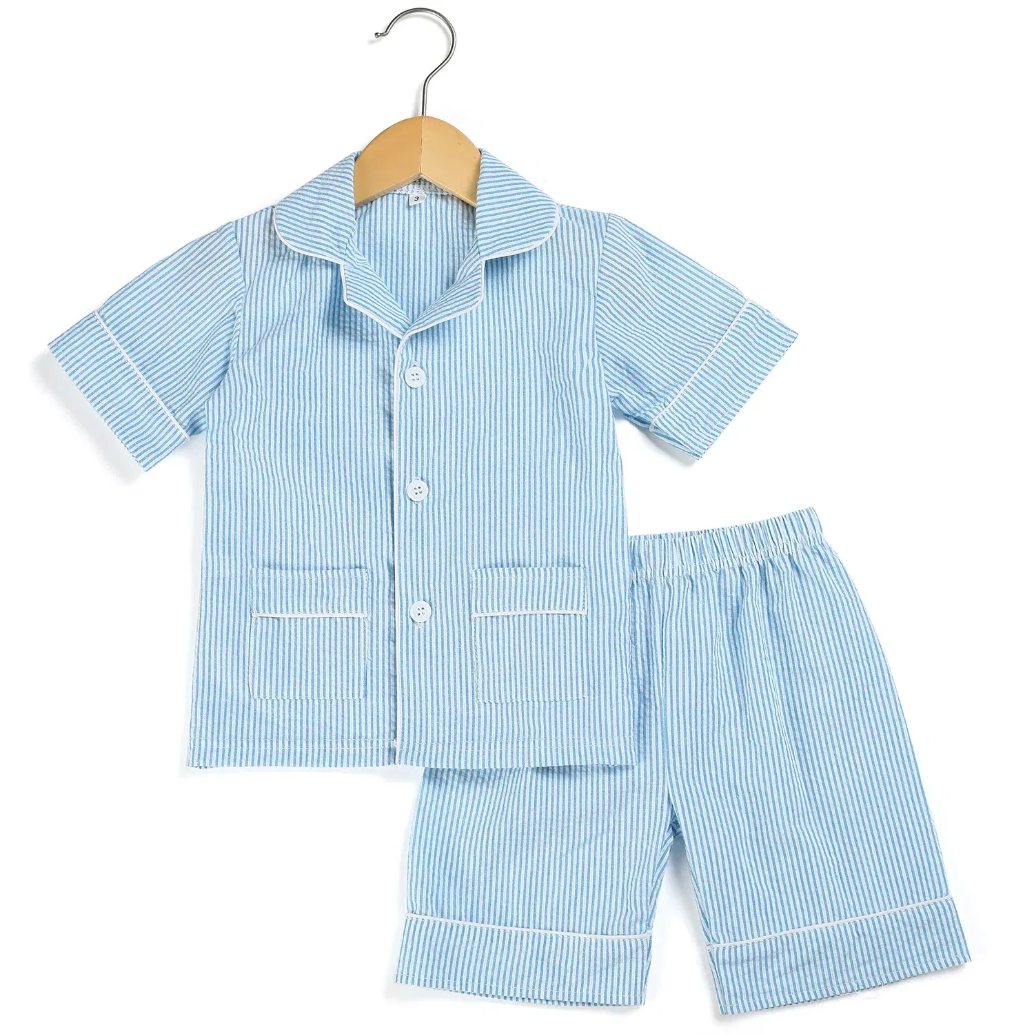 Color: green, Ships From: CHINA, Kid Size: 24M - Ruffkids 100% Cotton Summer Kids Pajamas Sleepwear Seersucker Striped Matching Pjs Boys Clothes Loungewear Girls Pyjamas Set
