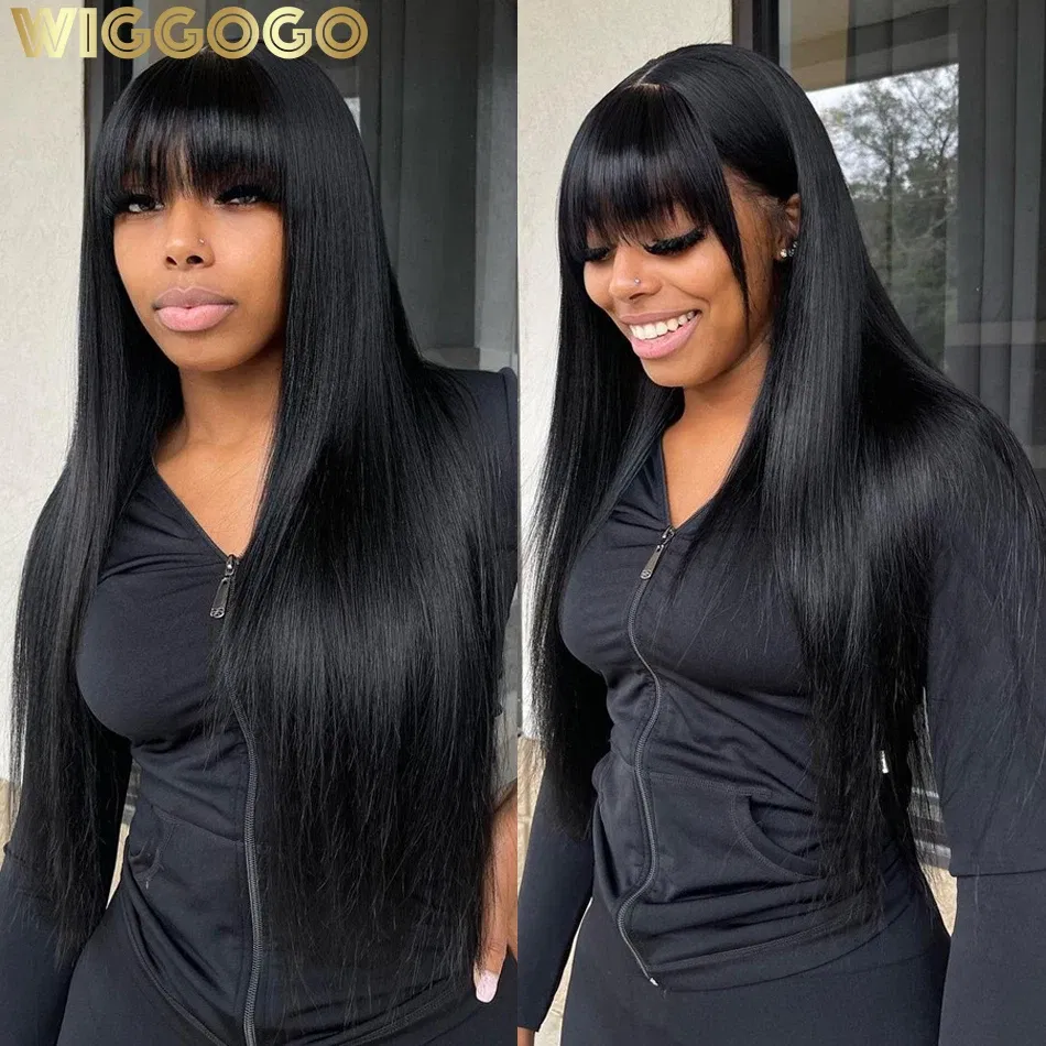 Stretched Length: 28inches, Hair Color: #1, Density: 120%, Ships From: CHINA - Wiggogo 3X1 Middle Part Lace Wig Bone Straight Human Hair Wig With Bangs Full Machine Made Straight Human Hair Wigs For Women