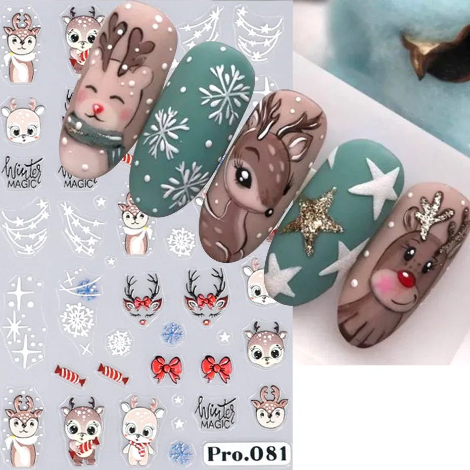 Color: Gold - 5D Embossed Elk Nail Art Sticker Cute Christmas Winter Santa Claus Snowflake Gingerbread Man Engraved Slider Manicure Decoration