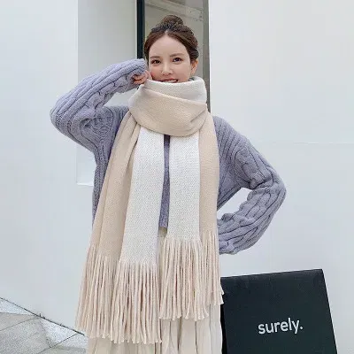 Color: Beige, Size: One Size - New Knitted Solid Double-Sided Scarf Headscarf Winter Women Lady Men Preppy Style Soft Warm Scarve Mujer Femme Male Wrap Shawl