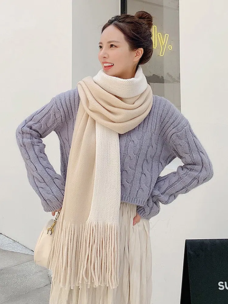 Color: Beige, Size: One Size - New Knitted Solid Double-Sided Scarf Headscarf Winter Women Lady Men Preppy Style Soft Warm Scarve Mujer Femme Male Wrap Shawl