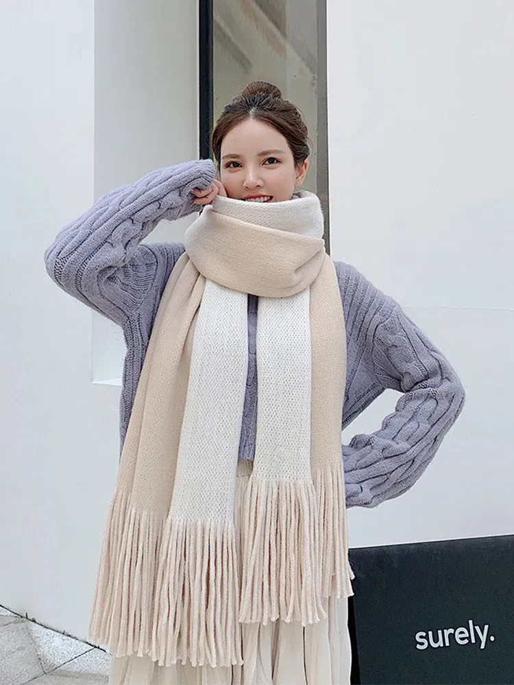 Color: Beige, Size: One Size - New Knitted Solid Double-Sided Scarf Headscarf Winter Women Lady Men Preppy Style Soft Warm Scarve Mujer Femme Male Wrap Shawl