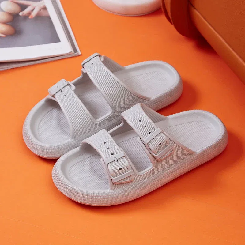 Color: GRAY, Shoe Size: 44-45 - Fashion Buckle Thick Platform Slippers Women Home Soft Sole eva Cloud Slides Sandals Woman 2025 Summer Non Slip Beach Flip Flops