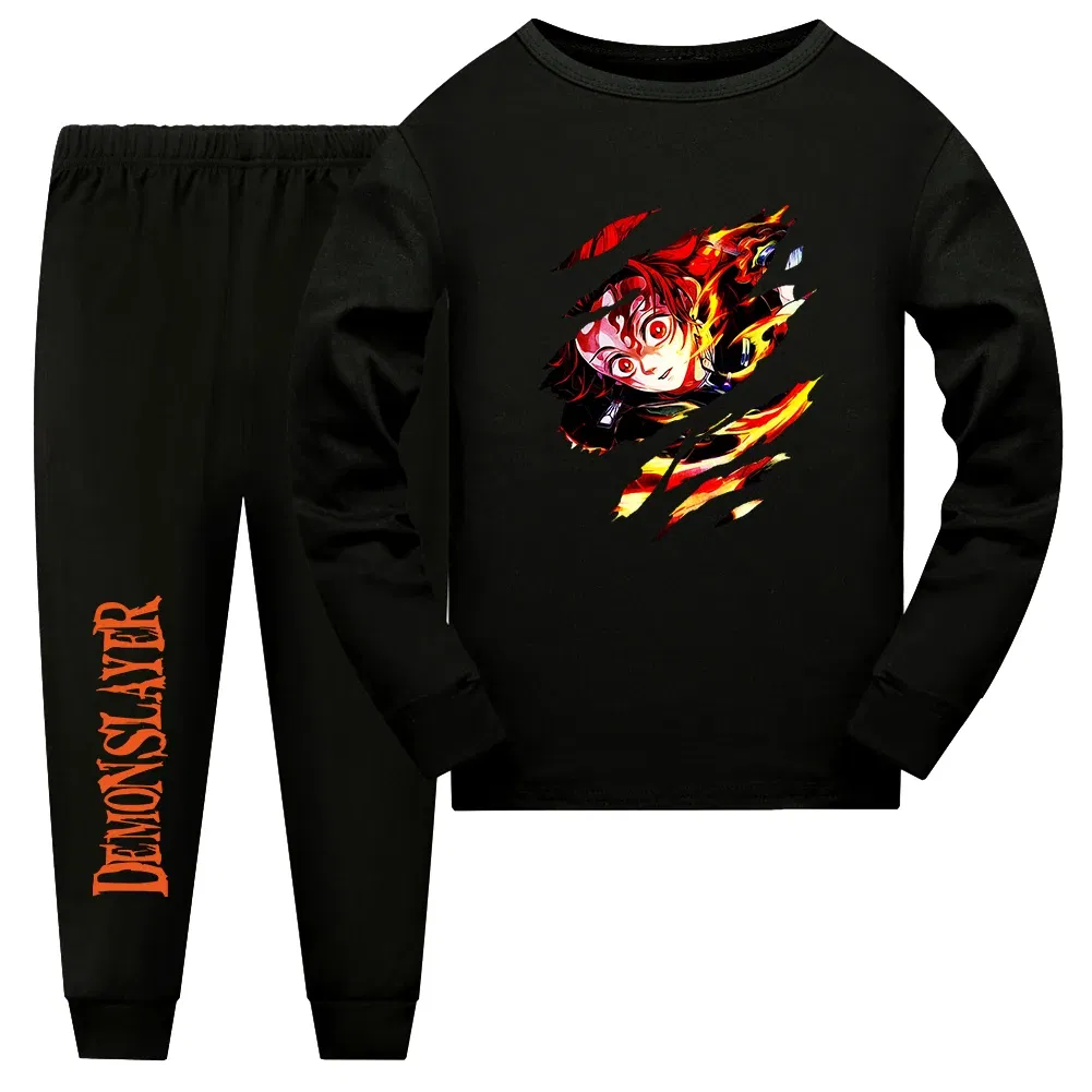 Color: GRAY, Kid Size: 12 - Demon Slayer Sleepwear Kamado Tanjirou Kamado Nezuko Agatsuma Zenitsu Children's Homewear Suit Long-sleeve Two-piece Pajamas Set