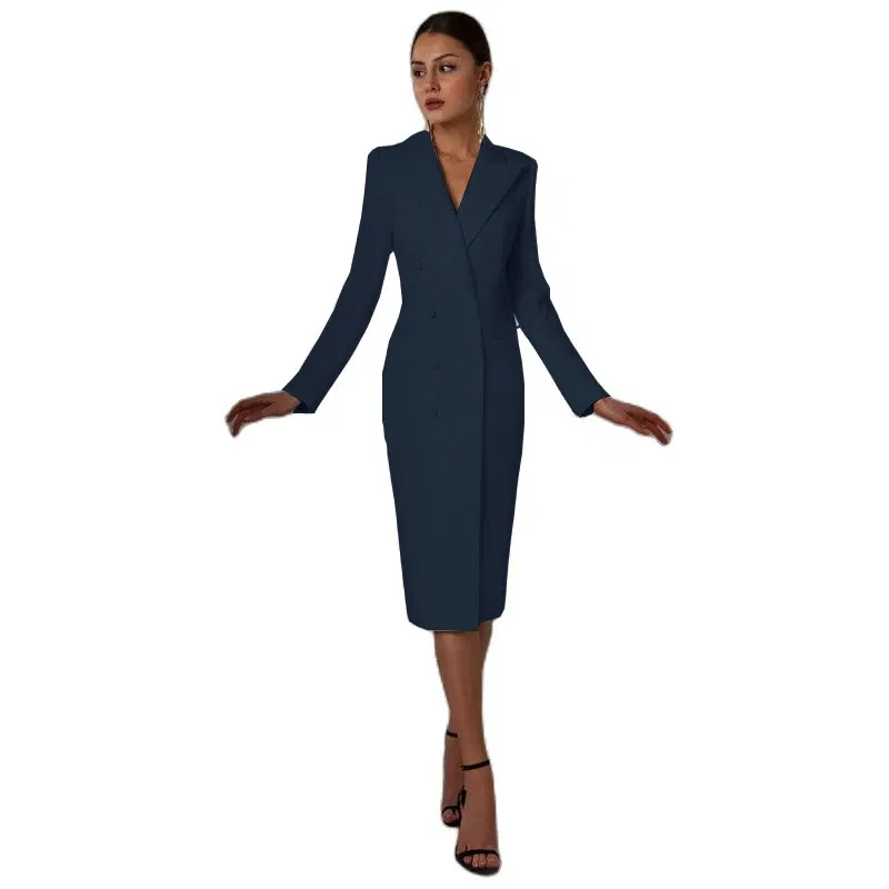 Color: Navy Blue, Size: XL - Women's Suit Long Blazer Double Breasted Jacket White Tuxedo Party Point Lapel Clothes спор?‚ивн?‹й кос?‚юм ?¶?µнск