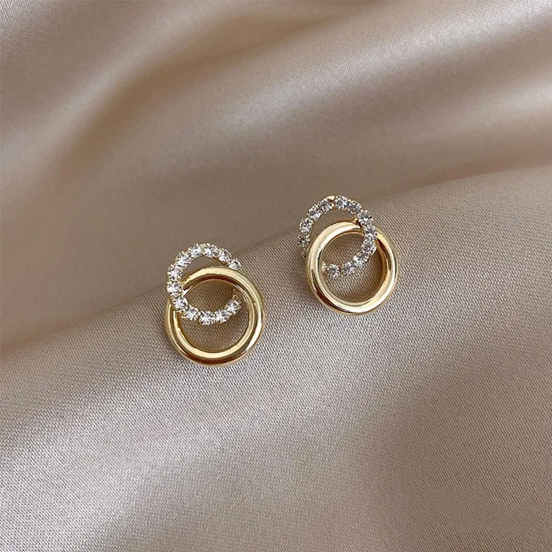 Metal Color: BRONZE - 2023 Korean Simple Double Circle Gold Color Metal crystal Stud Earrings For Women Fashion Exquisite Jewelry Best Friend Gifts