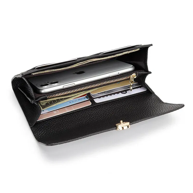 Color: Khaki - Women's Wallet 2025 New Full Leather Long Wallet Cross-border First Layer Cowhide Women's Long Clip Leather Clutch Pouch