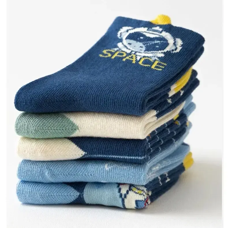 Color: Gold, Size: 4-6T - 5 Pairs Socks Boys' Cartoon Astronaut Pattern Cotton Socks Children's Spring Autumn Calf Socks Baby Girls Socks