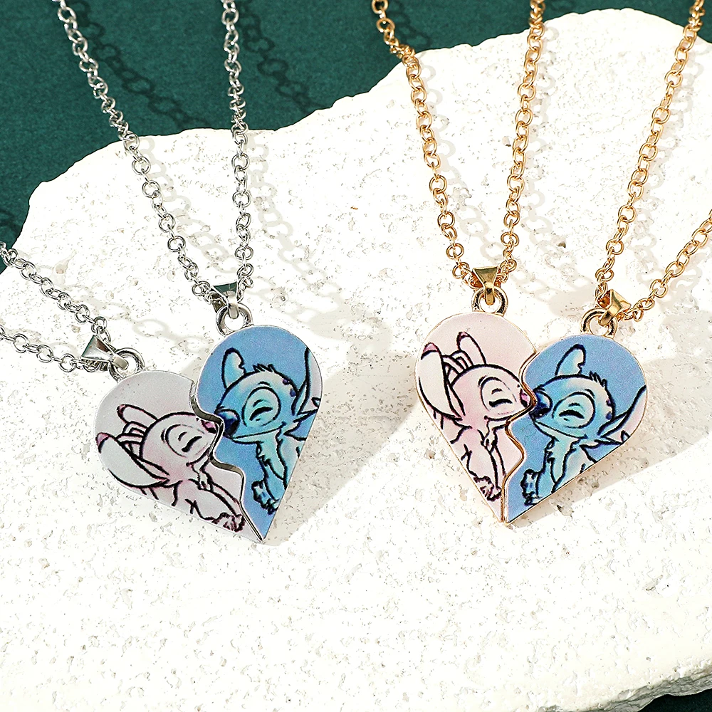 Metal Color: Antique Bronze Plated - Disney-Stitch Heart Necklace for Couple, Gold and Silver Color, Angel and Stitch, Cute Style , Jewelry Pendant, Gift for Girl, 1