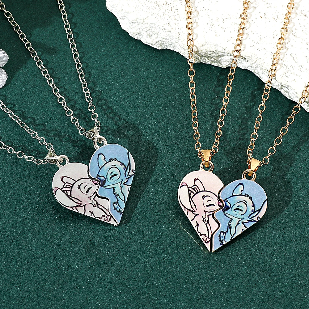 Metal Color: Antique Bronze Plated - Disney-Stitch Heart Necklace for Couple, Gold and Silver Color, Angel and Stitch, Cute Style , Jewelry Pendant, Gift for Girl, 1