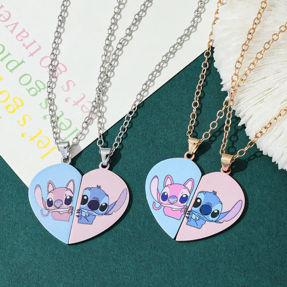 Metal Color: Antique Bronze Plated - Disney-Stitch Heart Necklace for Couple, Gold and Silver Color, Angel and Stitch, Cute Style , Jewelry Pendant, Gift for Girl, 1