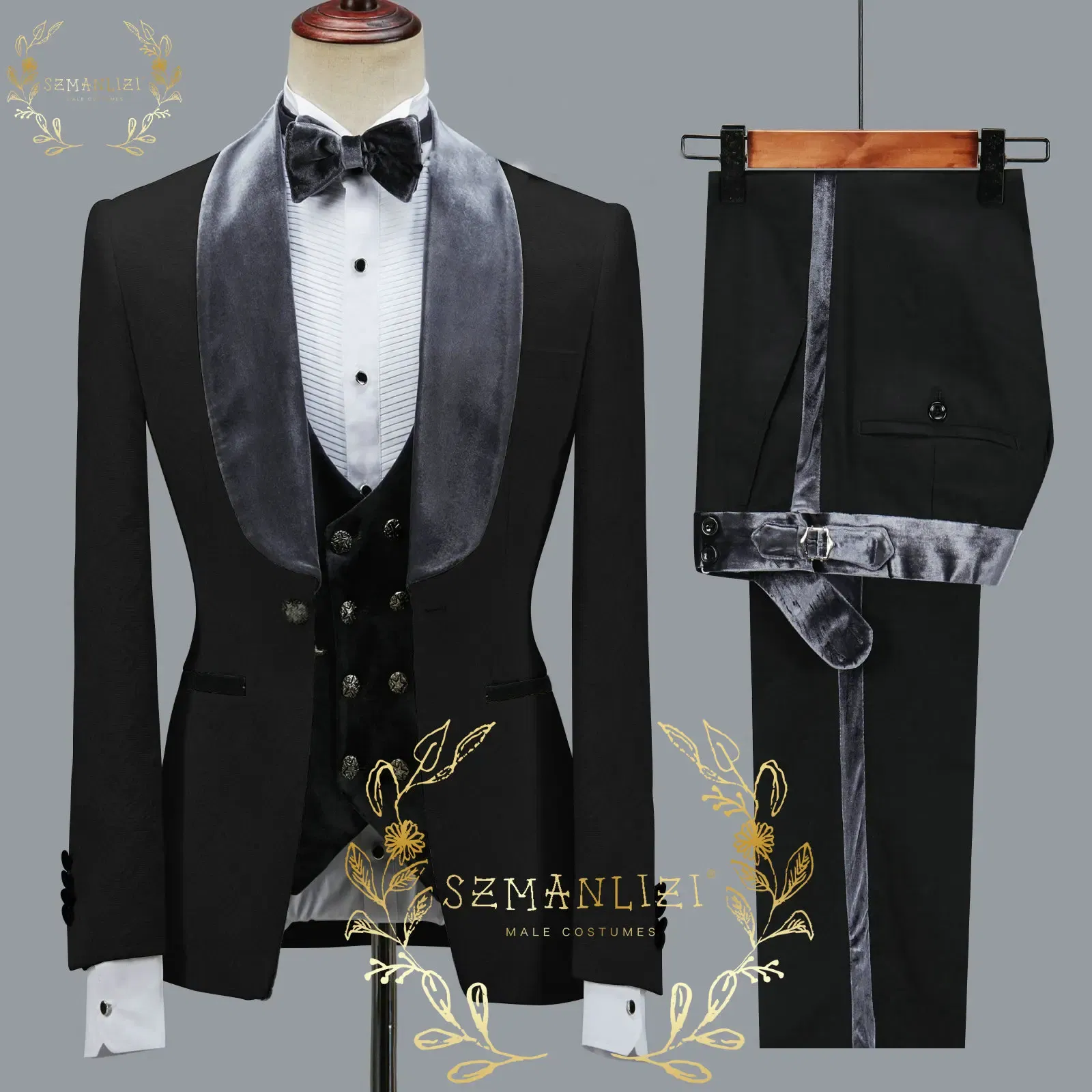 Color: army green, Size: XXL - SZMANLIZI 2022 Latest Designs Black Floral Party Blazer Men Suits Costume Homme Groom Tuxedos Wedding Terno Masculino 3 Pieces