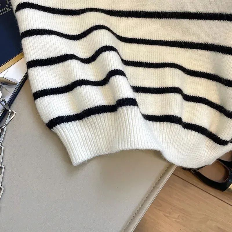 Color: black, Size: One Size - Retro lapel zipper stripe knitted waistcoat women Autumn Winter Korean fashion sleeveless sweaters casual simple pullover vest