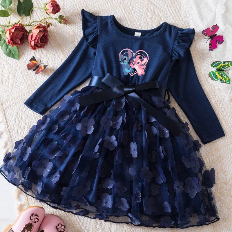 Color: Chocolate, Size: One Size, Height: 170 - Lilo Stitch Girl Baby Dresses Spring Autumn Child Long Sleeve Sweet Princess Dress Mesh Newborn Casual Dress Birthday Party 2-6Y